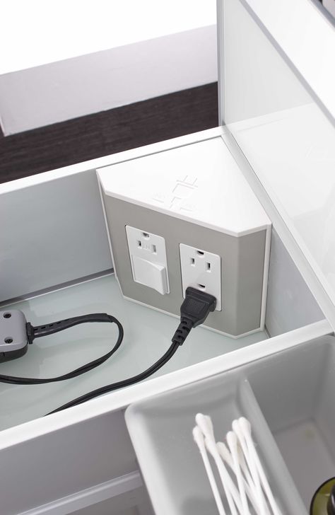 In-the-drawer electrical outlets for bathroom drawers & vanities Bathroom Vanity Organization, Bathroom Vanity Drawers, Bathroom Table, Bathroom Vanity Storage, Bathroom Drawers, Master Bath Remodel, Trendy Bathroom, Bathroom Redo, Storage Design