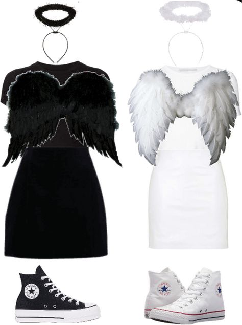 Hallowen Costume Ideas For Duo, Black And White Angles Costumes, Angle Dress Costume, Good And Bad Angel Costume, Black Outfits For Halloween, Good Angel Bad Angel Costumes, Halloween Dance Dresses, Black Themed Halloween Costume, Black Angles Halloween Costumes