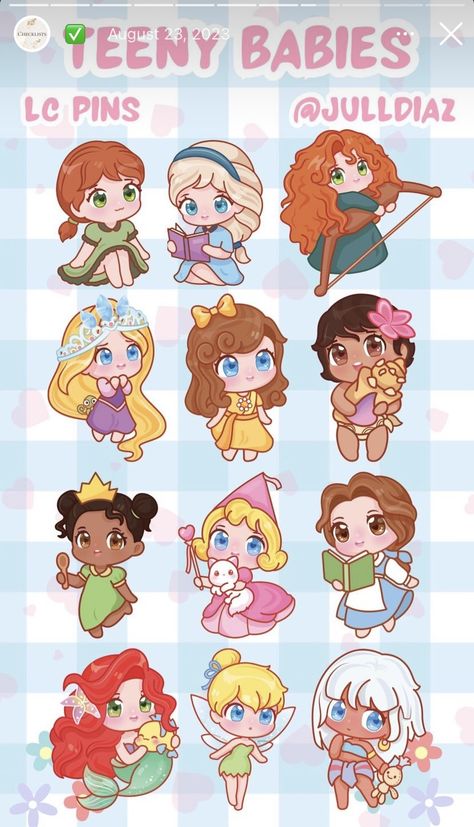 Cute Disney Princess Drawings, Cute Disney Characters Drawing, Disney Tsum Tsum Wallpaper, Disney Princess Stickers, Chibi Princess, Disney Chibi, Disney Princess Enchanted Tales, Chibi Disney, Baby Disney Characters