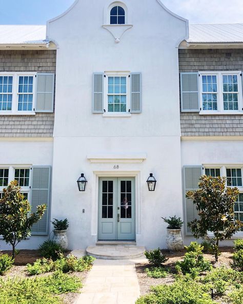 Cedar Shake And Stucco Exterior, Colored Shutters, Shutter Paint Colors, White Stucco House, Stucco And Stone Exterior, Cali House, Dolphin Swimming, Stucco House, Shutter Decor