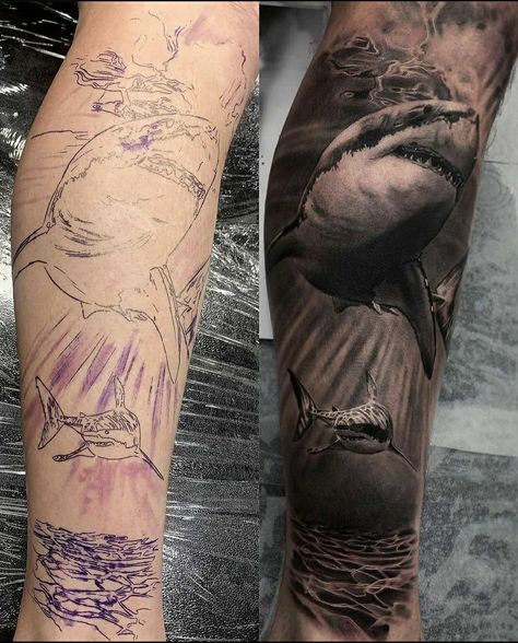 Shark Realistic Tattoo, Aquatic Arm Sleeve, Shark Ocean Tattoo, Underwater Leg Sleeve, Ocean Tattoo Men, Ocean Tattoos Sleeve Underwater, Underwater Sleeve Tattoo, Ocean Forearm Tattoo, Megalodon Tattoo