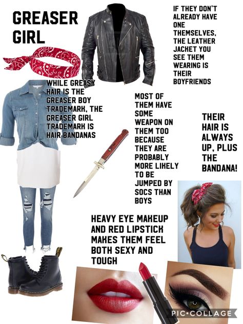 60s Fashion Greaser, 50s Fashion Greaser Women, How To Dress Like A Greaser From The Outsiders, 1950s Dress Up Day At School, Soc Vs Greaser Outfits, 1950s Greaser Women, Greaser Makeup The Outsiders, Female Greaser Outfit, Greaser Inspired Outfits