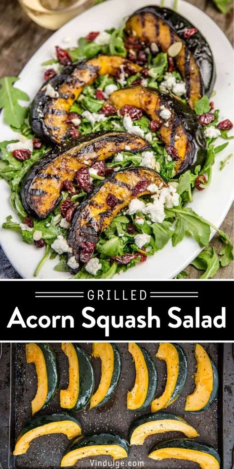 Grilled Acorn Squash Salad is the perfect side dish or hearty main dish for your fall entertaining or family dinners. Grilling acorn squash is super easy, and adds incredible flavor to this easy salad! Grilled Acorn Squash, Acorn Squash Salad, Fall Grilling, Grilled Squash, Vegan Bbq Recipes, Grilled Salad, Acorn Squash Recipes, Holiday Side Dish, Squash Salad