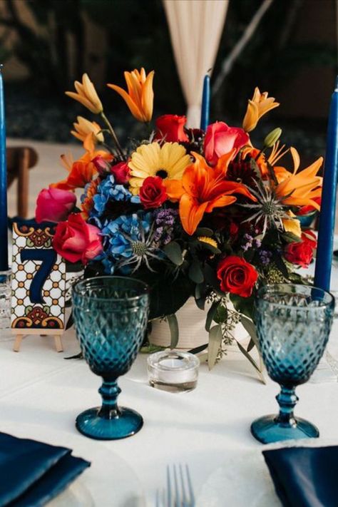 Spanish Centerpieces, Blue And White Talavera Wedding, Rancho Wedding Mexican, Rancho Wedding, Talavera Wedding, Jewel Tone Decor, Rich Wedding, Spanish Table, Colorful Weddings