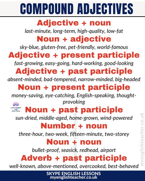 Compound Adjectives Compound Adjectives, Adjectives In English, Present Participle, Adjectives Grammar, Hello English, English Adjectives, English Collocations, Nouns And Adjectives, Word Building