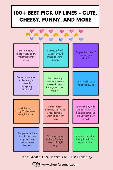 Cute Preview Image of 100+ Best Pick Up Lines - Cute & Cheesy, Funny and Flirty, and more Cheesy Love Lines, Rizzzz Lines, Rizz Pick Up Lines Spicy, Chessy Pick Up Lines, Pickup Lines For Girls To Use, Food Pick Up Lines, Rizz Pick-up Line, Pick Up Lines For Guys, Cheesy Pickup Lines