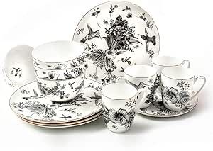 KOKEN - 16-piece dinnerware set - China dinnerware set - Plates and Bowls Sets Dishes Set for 4 – Kitchen Plates set, mugs, Bowls - Microwave safe dish sets - Black floral dinnerware set - Gift box Kitchen Plates Set, Vintage Dinnerware Set, Dishware Sets, China Dinnerware Sets, Bone China Dinnerware, Blue Dinnerware, Plates And Bowls Set, Kitchen Plate, China Dishes