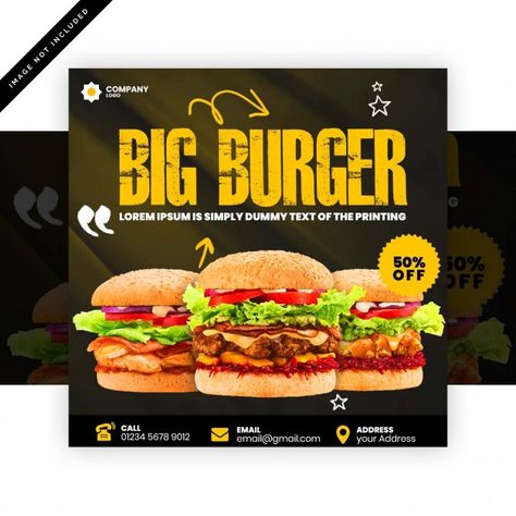 Fast Food Social Media Post, Fast Food Poster, Menu Design Layout, Fast Food Drinks, Big Burgers, Food Banner, Food Company, Food Menu Design, Gourmet Burgers