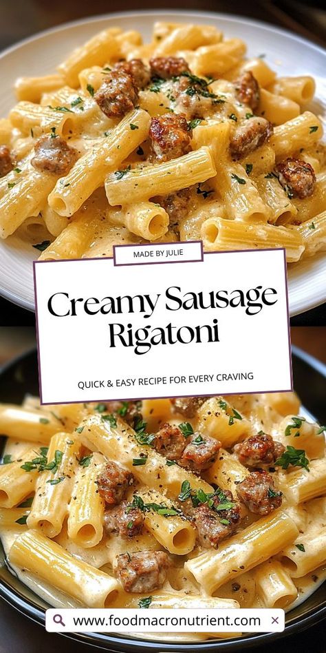 This creamy sausage rigatoni is the ultimate comfort dish, with juicy sausage and a rich, creamy sauce that clings to every piece of pasta. It’s a hearty and satisfying meal that’s as comforting as it is flavorful. Perfect for cozy dinners or when you're craving something indulgent! Premio Sausage Recipes, Recipes That Use Italian Sausage, Spicy Sausage Rigatoni Pasta, Breakfast Sausage Pasta, Turkey Sausage Dinner Recipes, Chicken Sausage Tortellini Recipes, Mild Italian Sausage Link Recipes, Sausage And Noodles Recipes, Mild Sausage Recipes Dinners