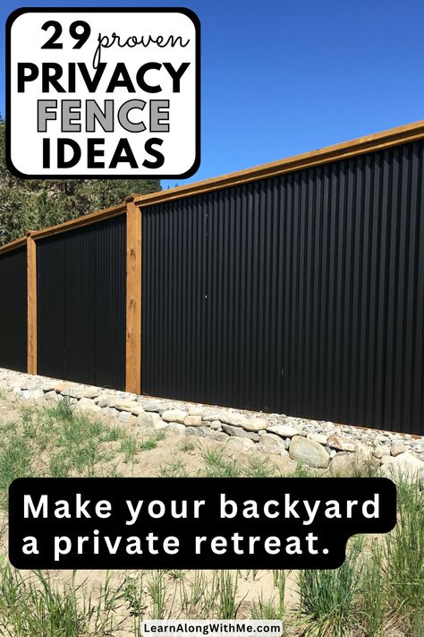 Want to enjoy your backyard without prying eyes? Discover privacy fence ideas that offer both style and seclusion, from classic wood designs to modern corrugated metal fence options (like this one).   Click to explore the options and see which ones you think will work for your yard to create the backyard oasis you've been craving. Fencing For Privacy, Wall Toppers For Privacy, Precast Fence Ideas, Perimeter Fence Ideas, Black Privacy Fence Ideas, Rustic Privacy Fence Ideas, Vinyl Fence Ideas Backyards, Modern Home Fence, Diy Wood Fence Cheap