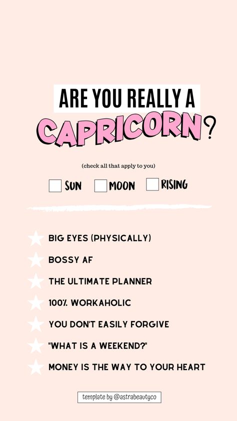 Pink template for Capricorn women & men. Sun, moon, & Rising sign. Capricorn characteristic: Big eyes Bossy The ultimate planner Workaholic Money is the key to your heart Aura Of Capricorn, Scents For Capricorn, Capricorn Sixth Sense, Pink Capricorn Aesthetic, Capricorn Moon Women, Capricorn Quotes Aesthetic, Capricorn Facts Women, Capricorn Rising Aesthetic, Capricorn Background