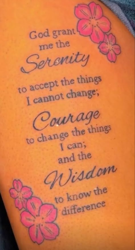 Serenity Prayer Tattoo Design For Women, Cute Tattoos With Meaning Black Women, Serenity Prayer Tattoo Women, Prayer Tattoos For Women, Meanful Tattoos For Women, Meanful Tattoos, Meaningful Half Sleeve Tattoos For Women, Scripture Tattoos Black Women, Pretty Thigh Tattoos