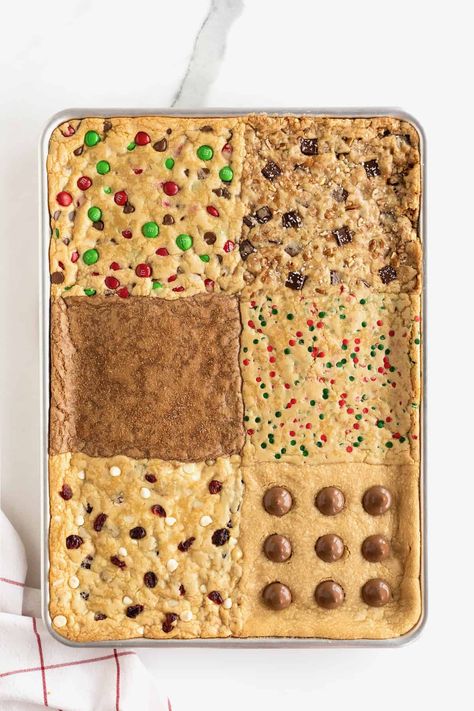 Six kinds of holiday cookie bars in an aluminum baking sheet. Cookie Sheet Dessert Recipes, One Dough Multiple Cookies Christmas, Sugar Cookie Sheet Pan, Sheet Pan Cookie Cake, Holiday Cookie Bars, Poker Food, Sheet Pan Cookies, Sheet Cookies, Baker Mama