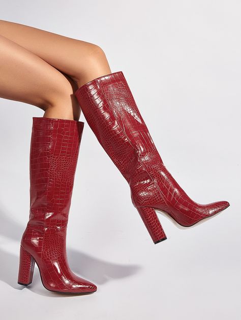 Croc Embossed Chunky Heeled Knee Boots | SHEIN USA Red Croc Boots Outfit, Croc Boots Outfit, Red Heel Boots, Croc Boots, Chunky Heeled Boots, Embossed Boots, Crocs Boots, Holy Moly, Gogo Boots