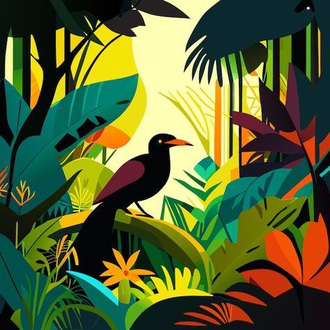 Bird jungle illustration art | Premium Vector #Freepik #vector #jungle #exotic-forest #vector-illustration #tropical-background Jungle Vector Illustration, Jungle Illustration Background, Tropical Forest Illustration, Tropical Illustration Graphics, Vegetation Illustration, Forest Vector, Jungle Painting, Birds Illustration, Jungle Design