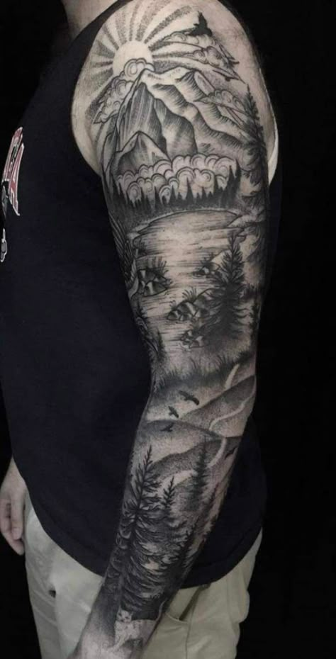 Jordan River Tattoo, River Arm Tattoo, Mountain Scene Tattoo Sleeve, River Tattoo Sleeve, Mountain And River Tattoo, Sleeve Tattoo Nature, Nature Sleeve Tattoo For Men, Mountain River Tattoo, Wilderness Tattoo Sleeve