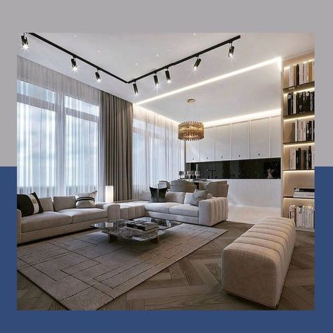 Track Lights Living Room, Track Lighting Living Room, Living Room Spotlights, Neoclassic Interior, Modern Track Lighting, Apartment Lighting, Open Floor Concept, Track Lights, Living Room Ceiling