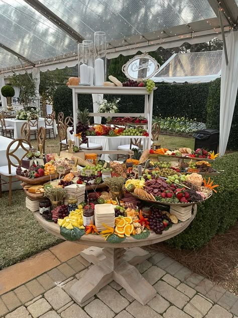 Charcuterie On Round Table, Appetizer Display Wedding, Charcuterie Cups Table Display, Round Table Food Display, Layered Charcuterie Table, Tiered Grazing Table Ideas, Charcuterie Display Presentation, Charcuterie Tiered Tray, Round Table Charcuterie Display