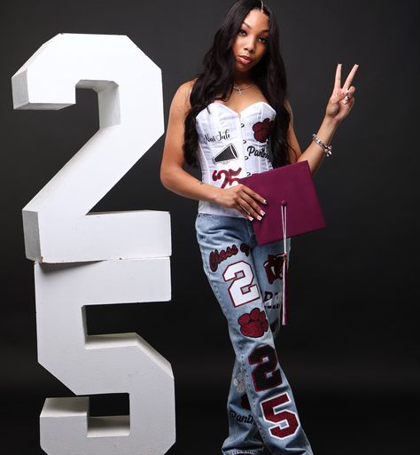 CUSTOM SKIRT SET, GRADUATION STOLE, CORSET/JEANS SET + SOCKS 🔥 Designed by @jaicreativecollection 🎀 | #RRHS🐾 🎓🤍 DM or TEXT (313)318-0114 to place an order📲 | #customseniorset #riverrougehighschool #seniorsunday #customsenioroutfit #customseniorshirts #classof2025 #classof2024 #customseniorcorset #customjeans #customcorset #RRHS #riverrougecheer #riverrougehighschool🐾 #customcorset #2025grad #2024grad #customgradstole Senior Pants Black Woman, Senior Corset Outfit, Graduation Pants, Senior Pants, Set Socks, Grad Stoles, Corset Jeans, Senior Outfits, Corset And Jeans