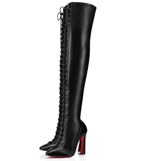 black pointed toe lace up thigh high leather block heels boots 'Anjel Alta 100 mm' - christian louboutin ($2,395.00) Black Louboutin Boots, Christian Louboutin Thigh High Boots, Louboutin Heels Black, Lace Up Thigh High Boots, Block Heels Boots, Louboutin Boots, Marvel Dr, Christian Louboutin Boots, Fandom Outfits