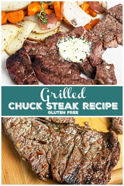 This Grilled Chuck Steak Recipe is marinated until tender and then grilled until juicy! The marinade consists of olive oil, red wine vinegar, and Italian herbs and spices. It's grilled to perfection and topped with compound butter. This recipe is easy and tastes as good as ribeye! Great for the summer grilling season. Beef Chuck Steak Marinade, Grilled Chuck Steak, Chuck Steak Recipe, Beef Chuck Steak Recipes, Season Steak, Chuck Steak Recipes, Steak Marinades, Chuck Steak, Year Challenge