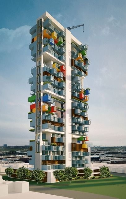 This is a shipping container skyscraper concept in Mumbai, India designed by Ganti Associates. The idea is to create an adequate housing solution for people of the densely populated Dharavi area, w… Educational Architecture, Shipping Container Architecture, Container Buildings, Building A Container Home, Unusual Buildings, Container Architecture, Container House Plans, Living Modern, Shipping Container House