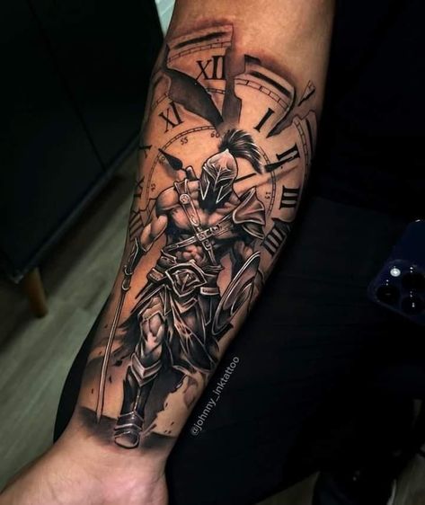 Spartan Tattoo Forearm Men, Spartan Forearm Tattoo, Knights Tattoo, Half Sleeve Tattoos Wolf, Ares Tattoo, Spartan 300, Lion Shoulder Tattoo, Forearm Cover Up Tattoos, Cover Up Tattoos For Men