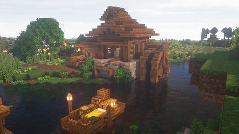 Minecraft Watermill House, Waterwheel Minecraft, Water Mill Minecraft, Water Wheel Minecraft, Watermill Minecraft, Minecraft Water Wheel, Minecraft Watermill, Minecraft Boat, Minecraft Aesthetics