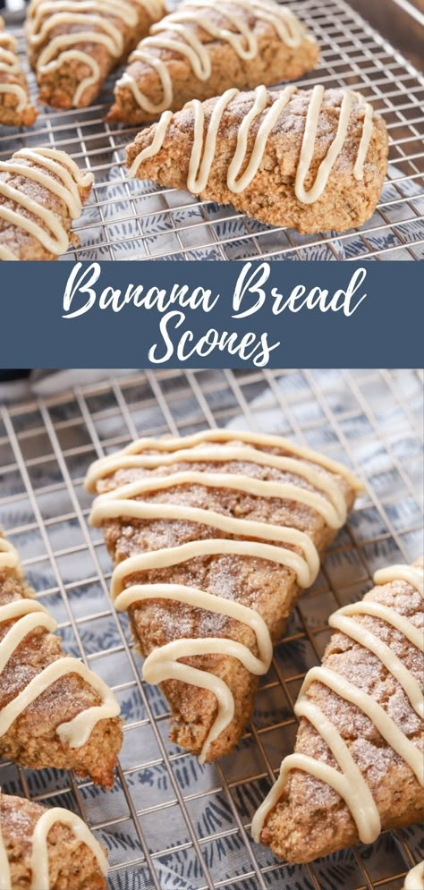 This simple Banana Bread Scones recipe produces scones that are filled with the comforting flavors of banana bread and topped with a dusting of cinnamon sugar and a simple brown sugar glaze! #scones Banana Bread Scones Recipe, Banana Bread Flavors, Banana Bread Scones, Scone Recipes Easy, Banana Scones Recipe Easy, Sugar Cookie Banana Bread, Pumpkin Banana Scones, Easy Scones Recipe 3 Ingredients, Brown Sugar Scones Recipe