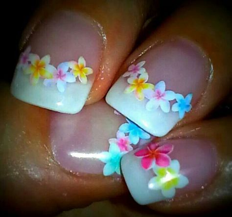 Gel nails, French manicure, tropical flowers. Nail design. Nails French Manicure, Hawaiian Nails, Do It Yourself Nails, Gel Nails French, Beach Nail Designs, Wedding Nails French, Tropical Nails, Nail Art For Beginners, Vacation Nails