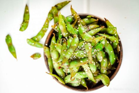 Sesame Soy Edamame cooked with sesame oil, soy sauce, and a touch of red pepper flakes take edamame to a whole new level. This savory dish has tons of flavor and you'll never want to go back to eating plain edamame again. #healthyrecipes #slenderkitchen #sidedish #snack #kidfriendly #quickandeasy Cooking With Sesame Oil, Edamame Recipe, Edamame Recipes, Slender Kitchen, Weight Watchers Snacks, Asian Cooking, Edamame, Sesame Oil, Red Pepper Flakes