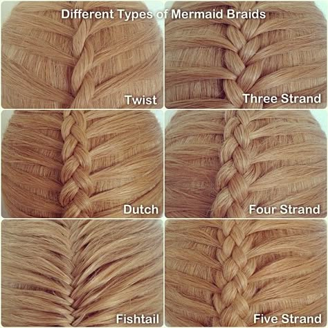 Different types of mermaid braids  For those who don't know the difference, a mermaid braid has a different sectioning pattern than a regular French or Dutch braid, or any variations of these, as show here. -Bre Mermaid Types, Braids Mermaid, Mermaid Braids, Different Braids, Mermaid Braid, Types Of Braids, Pinterest Hair, Hair Dos, Hair Designs