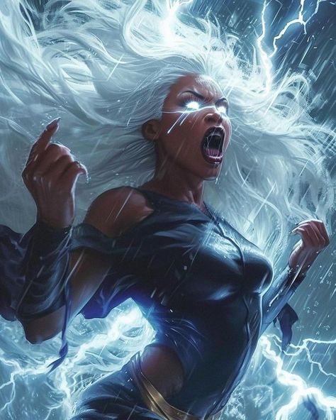 Storm Art X-men, Marvel Storm Art, Storm Hair Xmen, Black Superhero Art, Storm Character Design, Thunder Goddess, Lightning Hair, Marvel Storm, Xmen Storm