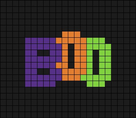 A pixel art template of the three letter word, 'boo' in Halloween colours (left, purple, orange and green with a dark grey background). Pixel Crochet Halloween, Pixel Art Ideas Halloween, Easy Pixel Art Small Halloween, Halloween Pixelart, Halloween Pixel Art Grid, Alpha Pattern Halloween, Crochet Alpha Pattern Halloween, Pixel Art Halloween, Halloween Pixel Art