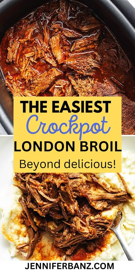 Crockpot London Broil is a melt-in-your-mouth roast, seared to tasty perfection...cooked in a savory balsamic marinade all in the convenience of your slow cooker. Perfect weekday meal with it's easy prep time and it's "set it and forget it" simplicity! Create a seemingly effortless dish with mouthwatering, fall apart results! Pair with mashed potatoes or cauliflower to make this a hearty crockpot recipe everyone can enjoy! Meals With London Broil, Slow Cooker Red Meat Recipes, Crockpot Red Meat Recipes, London Broil Roast Recipes, Beef London Broil Recipes, How To Cook London Broil, London Broil In Crockpot, Crock Pot Roast Beef Recipes, Baked London Broil