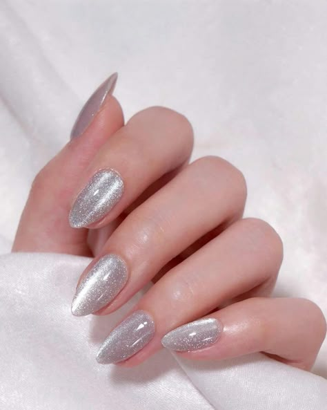 22+ Amazing Short Classy Nail Ideas (2024) - DrExplains Spring Summer Nails Almond, Silver Cat Eye Nails Design, Cat Eye Silver Nails, Cat Eye Nails Silver, Silver Magnetic Nails, Silver Short Nails, Short Nail Designs Glitter, Silver Cat Eye Nails, Nails Silver Glitter