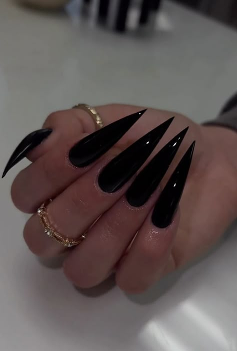 Stelito Nails Black, Black Nail Designs Pointy, Pointy Black Nails Design, Long Pointed Acrylic Nails, Long Black Claw Nails, Sharp Stilleto Acrylic Nails, Long Black Pointy Nails, Stilettos Acrylic Nails, Sharp Pointed Nails