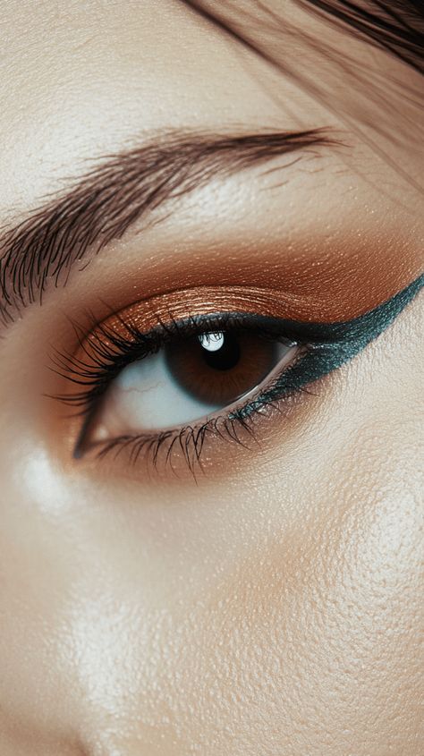 Add a pop of color with teal winged liner paired with copper eyeshadow for an edgy autumn look that beautifully enhances brown eyes. Simple Copper Eye Makeup, Eye Makeup Ideas For Brown Eyes Colorful, Copper Makeup Look Brown Eyes, Subtle Colorful Eye Makeup, Autumn Eyeshadow Looks, Copper Eyeshadow Looks, Autumn Eye Makeup, Indian Eye Makeup, All Eye Colors