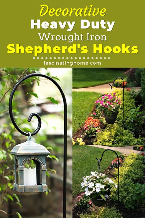 Decorative heavy duty wrought iron shepherds hooks are affordable patio decorations. They come in a variety of styles and can be used in so many different ways for patio and deck decor.  Jazz up your backyard, patio and deck with these 5 popular garden shepherds hooks. Check them out at https://fascinatinghome.com #heavydutydecorativegardenshepherdhooks #shepherdhooksforgarden #decorativeshepherdshook #gardenshepherdhooks #heavydutyshepherdshook #shepherdshook #shepherdhook #gardenhooks Short Shepherd Hook Ideas, Shepard Hooks Ideas Garden, Shepard Hooks Ideas, Diy Shepards Hook, Shepherd Hooks Garden Ideas, Backyard Patio And Deck, Garden Corner Ideas, Easy Garden Decor, Garden Curb Appeal