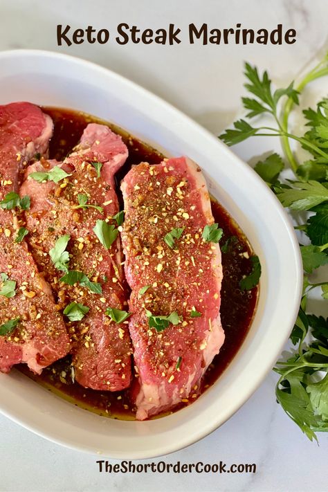 large dish with tri-tip steaks in a low-carb marinade and topped with seasoning and parsley Chuck Steak Marinade, Keto Steak Marinade, Round Steak Marinade, Instant Pot Baby Potatoes, Paleo Marinade, Steak Tip Marinade, Keto Steak, Wine Steak, Blackberry Lemon