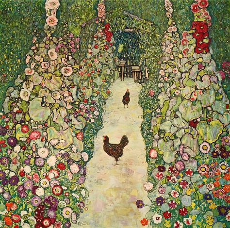 Another close garden study, this time depicting a pair of chickens picking their way along a path between a towering riot of hollyhocks. Printed on 300gsm Invercote card stock using high quality inks to retain the colours of the original image. The card dimensions are 140mm by 140mm. Includes white envelope. Klimt Garden, Klimt Prints, Art Klimt, Gustav Klimt Art, Klimt Paintings, Klimt Art, Cool Wall Decor, Art Calendar, Garden Path