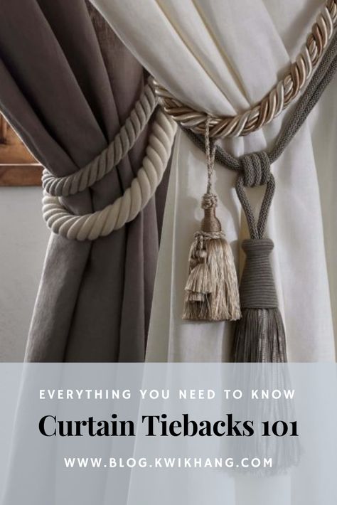 What are curtain tiebacks? How do you tie a curtain tieback? How do you make your own DIY curtain tiebacks? Our guide covers all the answers to your curtain tieback questions! For more curtain tips, curtain inspiration and home decor ideas, visit us at www.kwikhang.com. Curtain Tie Backs How To Hang, Window Tie Back Ideas, Tassels On Curtains, Curtain Tassels Ideas, Drapery Tie Back Ideas, Tie Back Curtains Ideas, How To Tie Back Curtains Ideas, Curtain Holdbacks Placement, Curtain Drapes Ideas