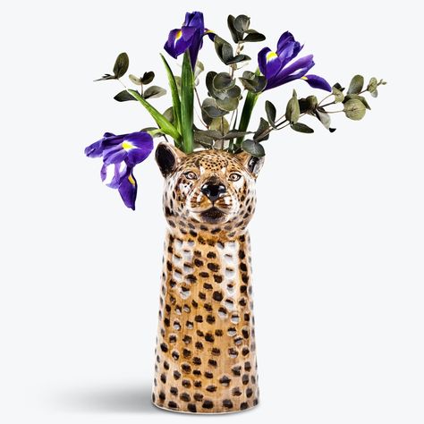 This ceramic flower vase comes from a bizarre collection of fauna-themed vases. Full of personality and full of charm, they are perfect for adding some character to your home. Splendid full of flowers or practical for storing brushes or kitchen utensils, these vases are just as adorable as ornaments as they are. These vases are produced both in the UK in the Midlands and by small family businesses in Thailand and Sri Lanka. Animal Vase, Leopard Flower, Leopard Face, Eccentric Style, Unique Vases, A Symbol, Artist Gallery, Large Vase, Ceramic Flowers