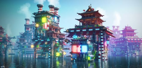 Cyberpunk River, Minecraft Cyberpunk, Mega Base, Japanese Cyberpunk, Minecraft Structures, Minecraft Interior Design, Minecraft Server, Cute Minecraft Houses, Minecraft City