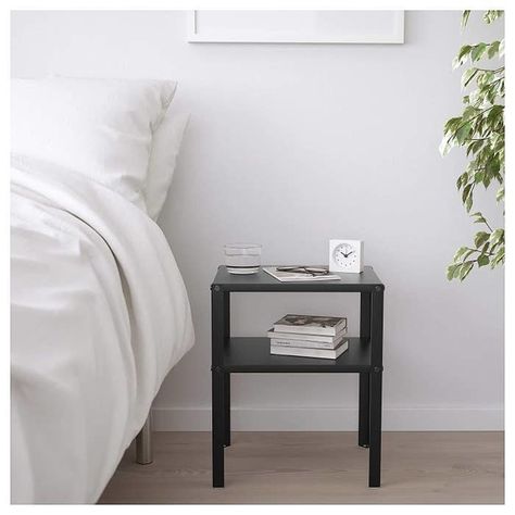 This super lowkey Ikea KNARREVIK bedside table with a second open shelf, so you have a separate space for your bedtime readings and gadgets – ₹1,399 Industrial Bed, Black Bedside, Shelf Nightstand, Black Bedside Table, Modern Bedside Table, Estantes Flotantes, Bedside Cabinet, Open Storage, Decoration Design