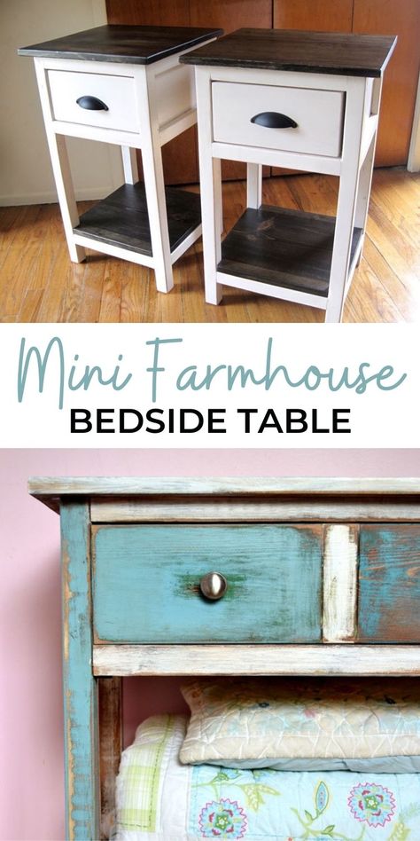 Pallet Bedside Table Diy, Ann White Diy Projects, Farmhouse Bedside Table, Bedside Table Plans, Diy Bedside Table, Bedroom Redecorating, Mini Farmhouse, Sand Projects, Furniture Building