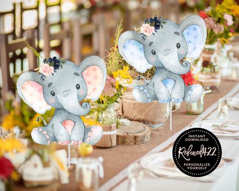 Elephant Babyshower, Birthday Table Decor, Elephant Centerpieces, Elephant Printable, Elephant Baby Shower Decorations, Gender Reveal Party Theme, Twins Baby, Shower Centerpieces, Birthday Table