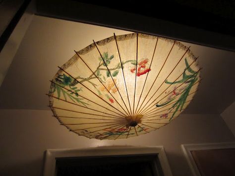 Kelsey Inspired: Umbrella Light Fixture Hanging Umbrellas From Ceiling, Umbrella Light Fixture, Umbrella Ceiling Decor, Umbrella Room Decor, Asian Umbrella Decor, Japanese Umbrella Aesthetic, Wagasa Umbrella, Oil Paper Umbrella, Cool Light Fixtures