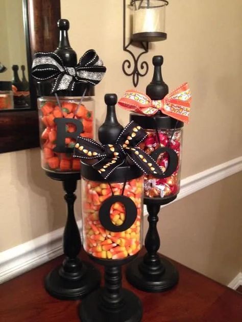 Dollar Tree Crafts, Creations, and Inspirations | Cute DIY Boo Candy Jars | Facebook Halloween Candy Jar, Halloween Prizes, Halloween Decor Ideas, Fall Arts And Crafts, Glass Apothecary Jars, Holiday Deco, Halloween Crafts Decorations, Pinterest Party, Halloween Diy Crafts