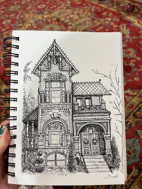 Print of my drawing, "House in the Trees". Hand drawn in pen :) House Ink Drawing, Art City Drawing, House Pen Drawing, How To Draw Architecture, Drawing Buildings Sketch, Cool Pen Drawings, Art House Drawing, Sketches House, House Drawing Sketches